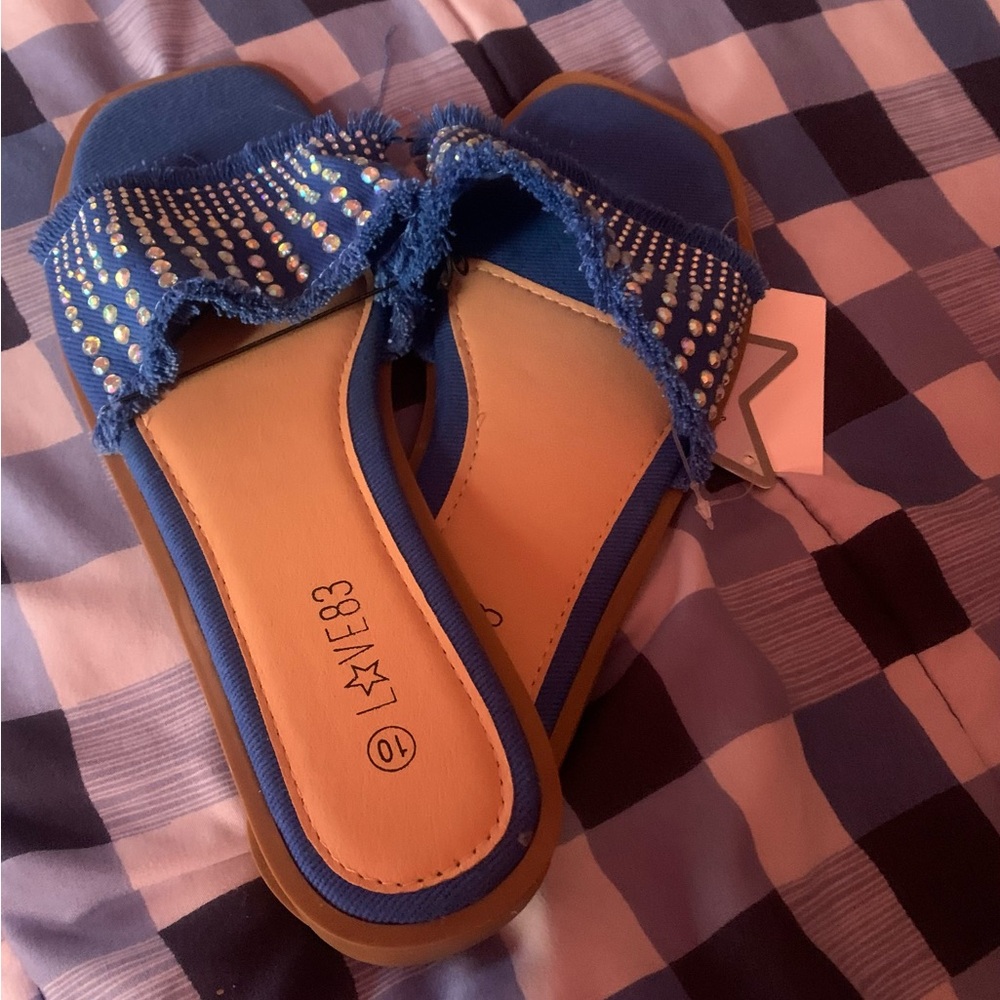 Blue Beaded Slide Sandals